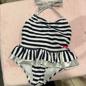 Navy & White Striped Halter One-Piece Swimsuit with Silver Trim